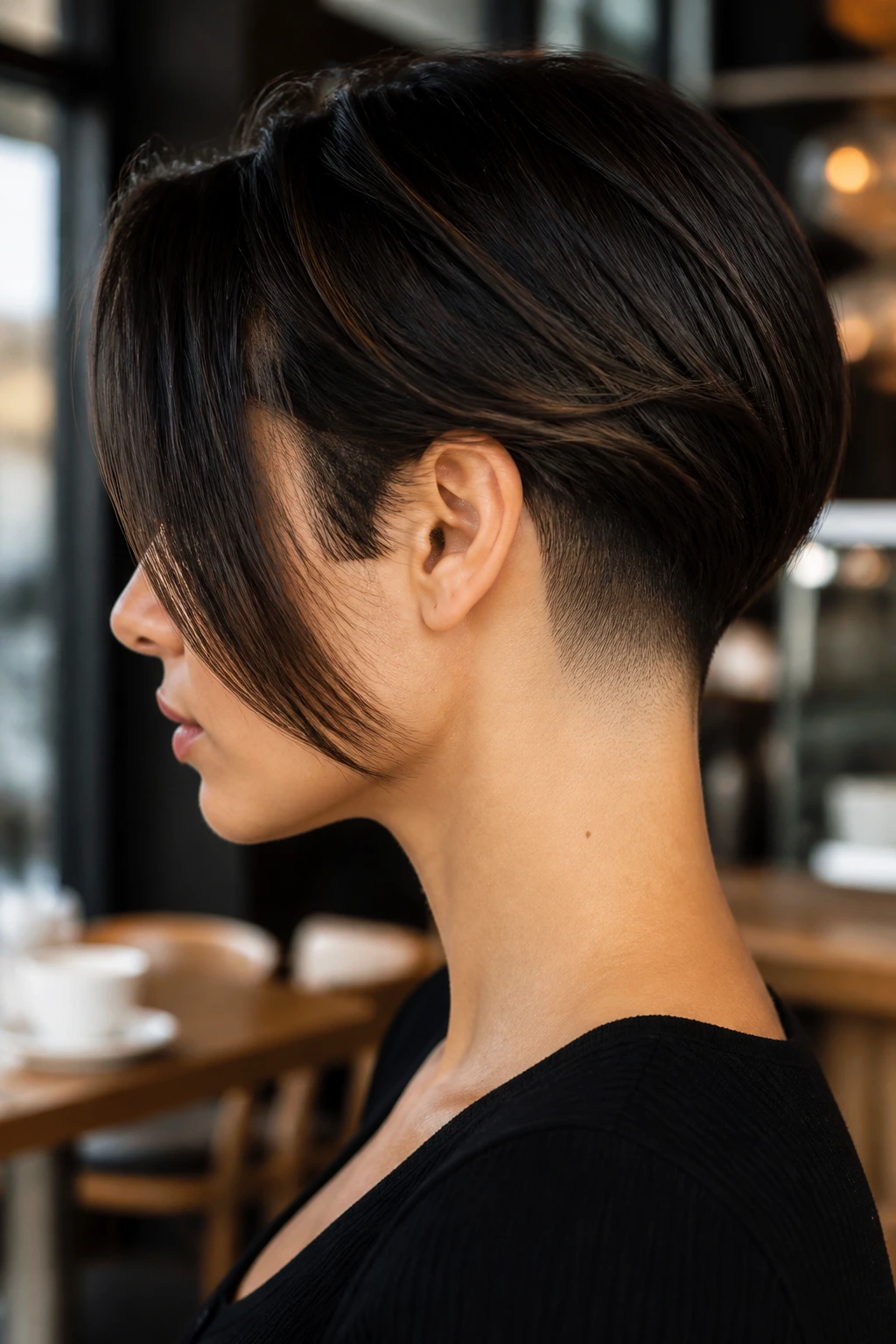 Side profile of a real woman with a tapered fade at the nape blending into the bob.