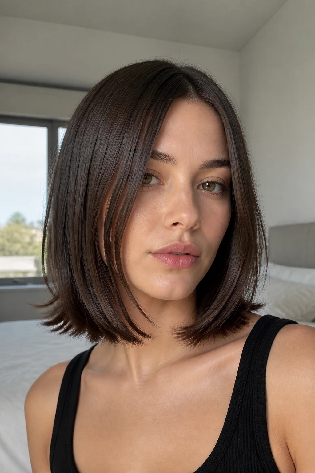 Close-up of a real person with a minimalist tapered flick haircut and soft end flick