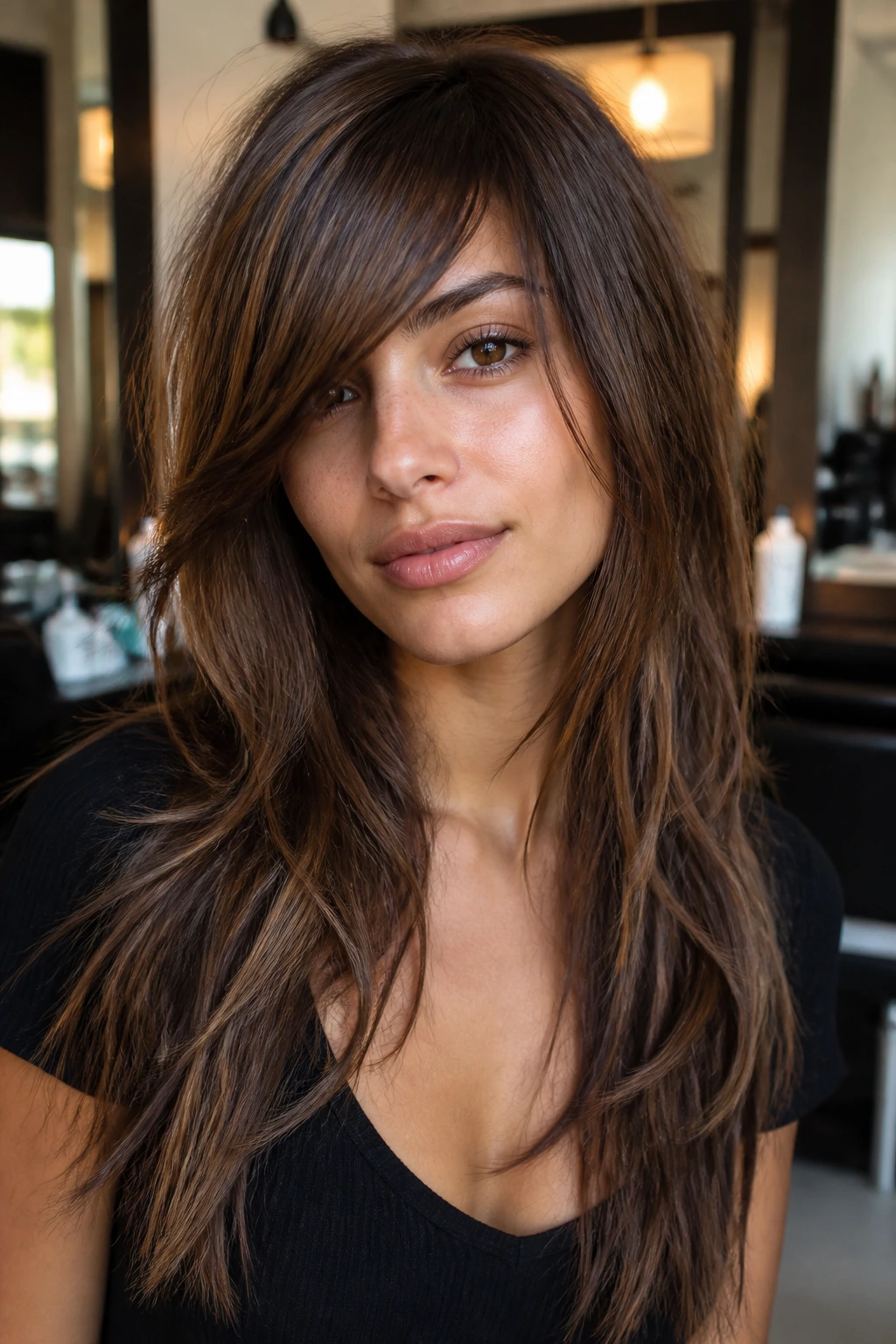 Close-up of tapered side-swept fringe with shag-style long layers on a real woman