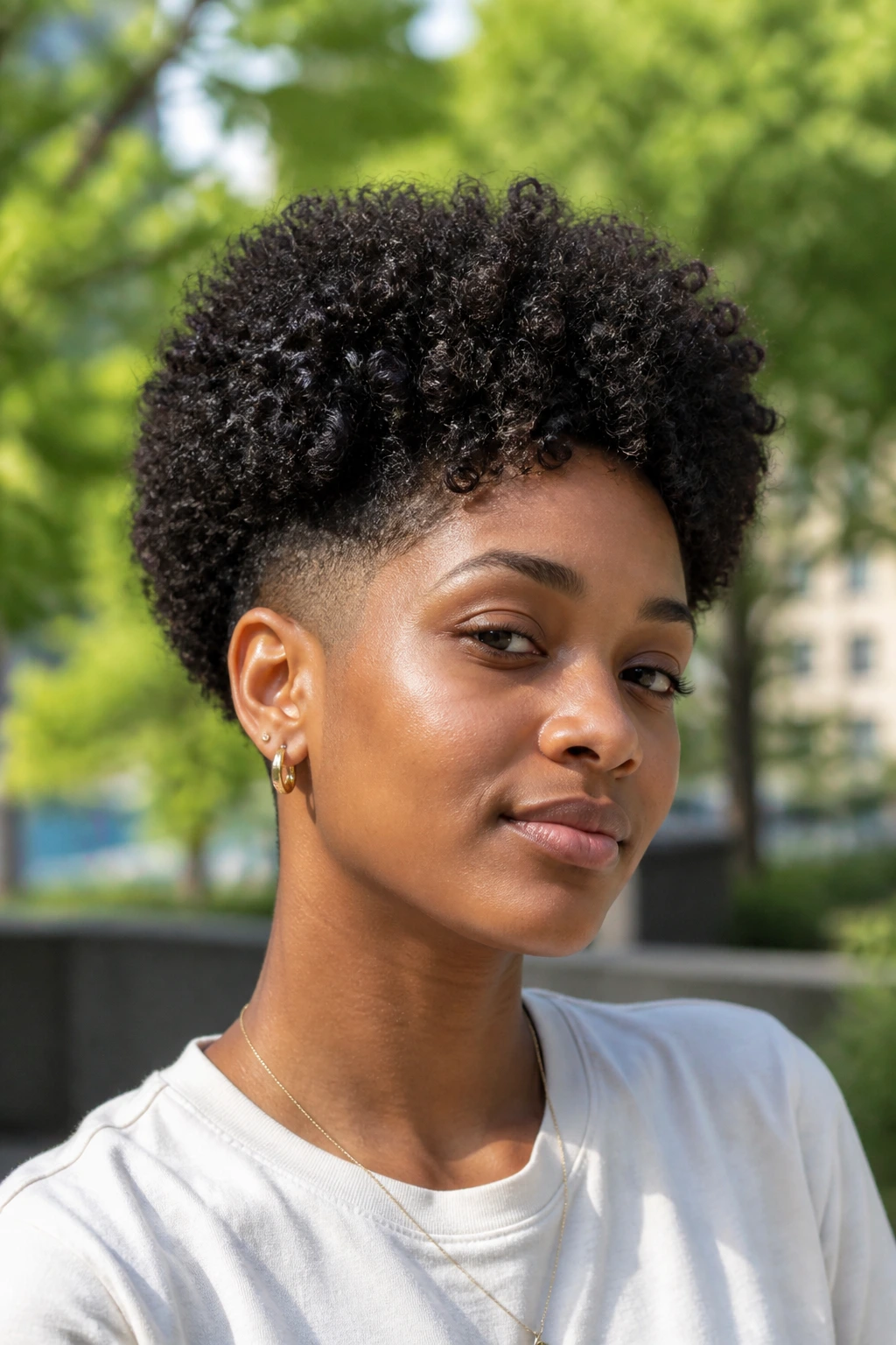 Close-up of a real person with a tapered curly fro.