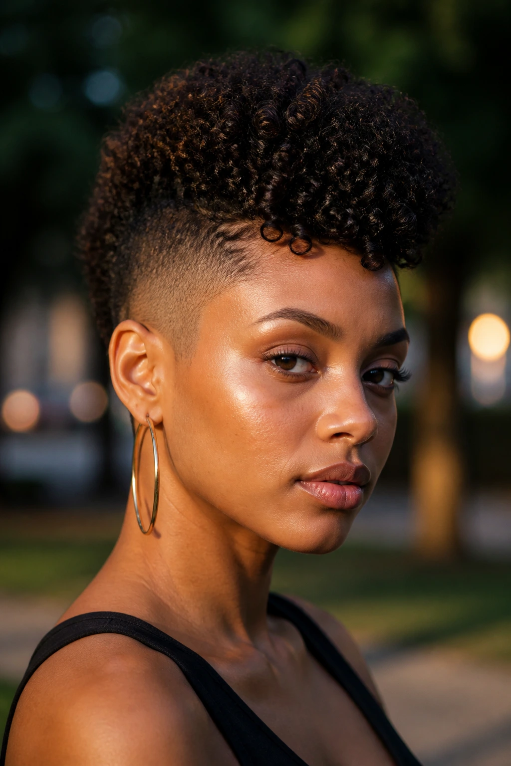Close-up of a woman with a tapered frohawk under soft evening light.