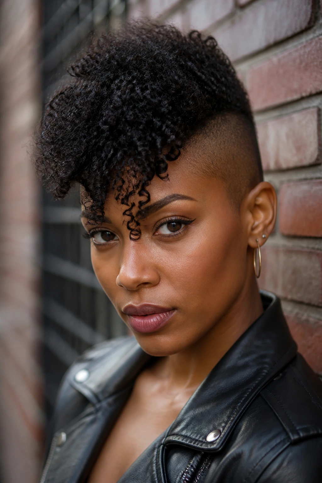 Portrait of real person with tapered frohawk fringe against brick wall