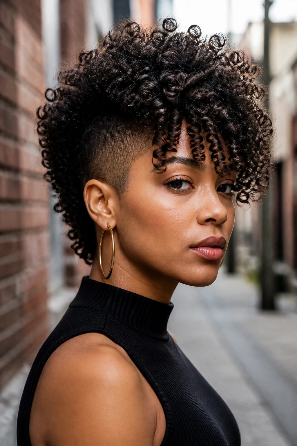 Head-and-shoulders of a real person with a tapered frohawk and ringlet fringe in an urban setting
