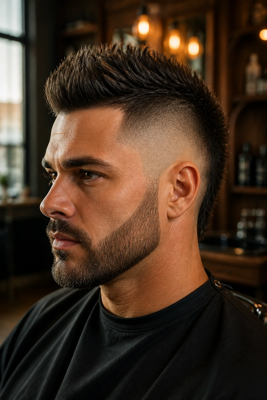 Real man with tapered mohawk and beard fade in barber shop light