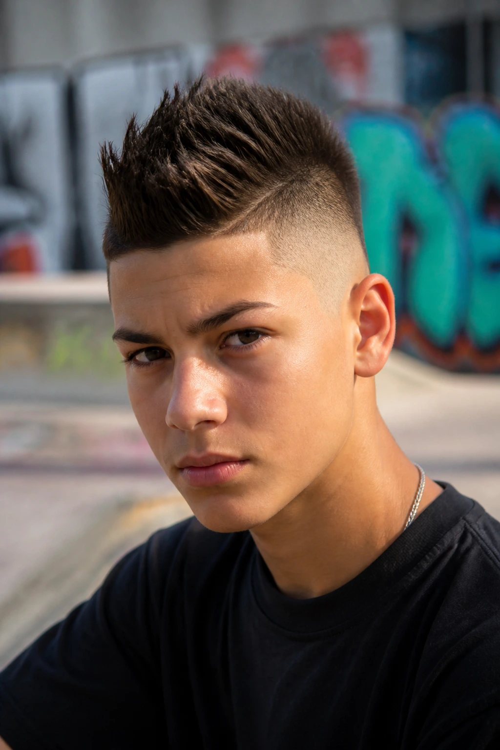 Teen with tapered mohawk at skatepark