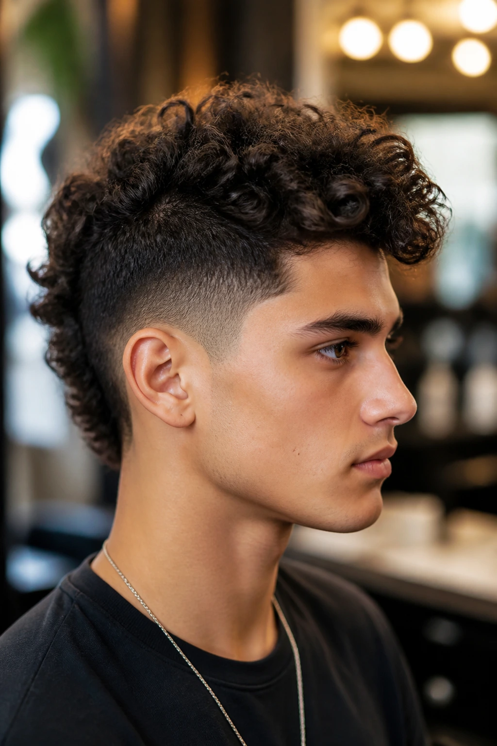 Close-up of a real person with a mohawk and tapered sides.