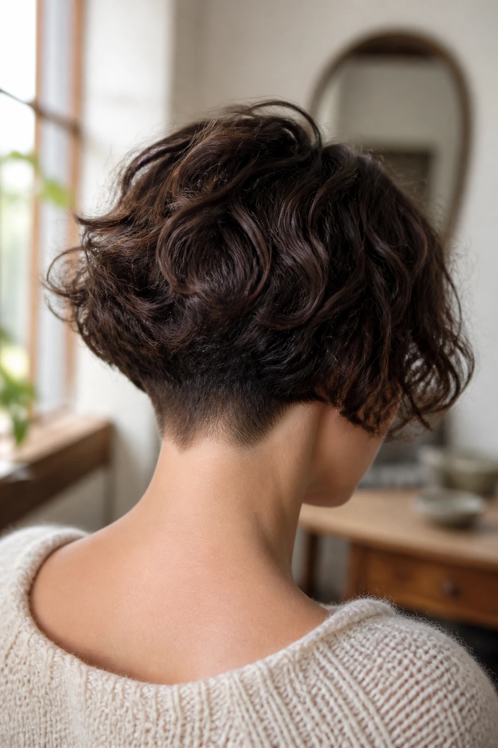 Back of head portrait showing a tapered nape bob on a real woman