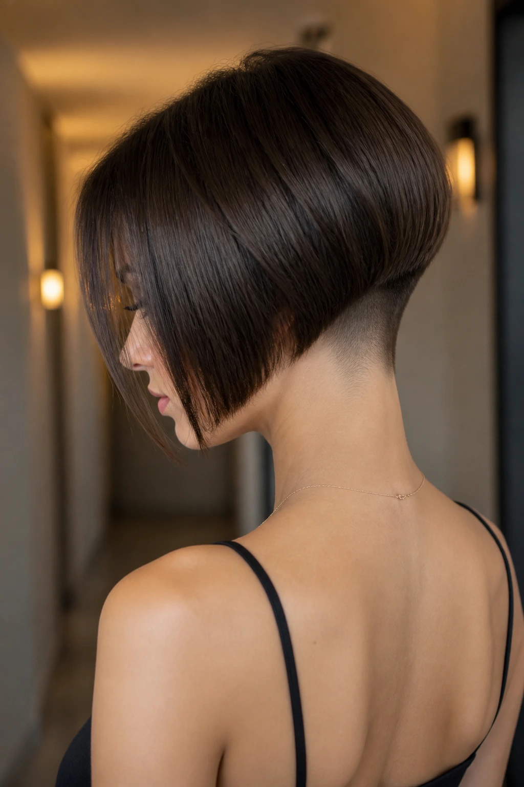 Three-quarter portrait of a real woman with a tapered nape bob