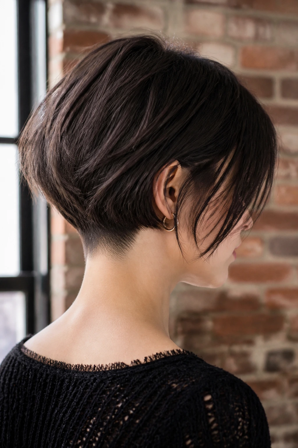 Medium close-up of a real woman with a tapered nape bob viewed from a rear three-quarter angle