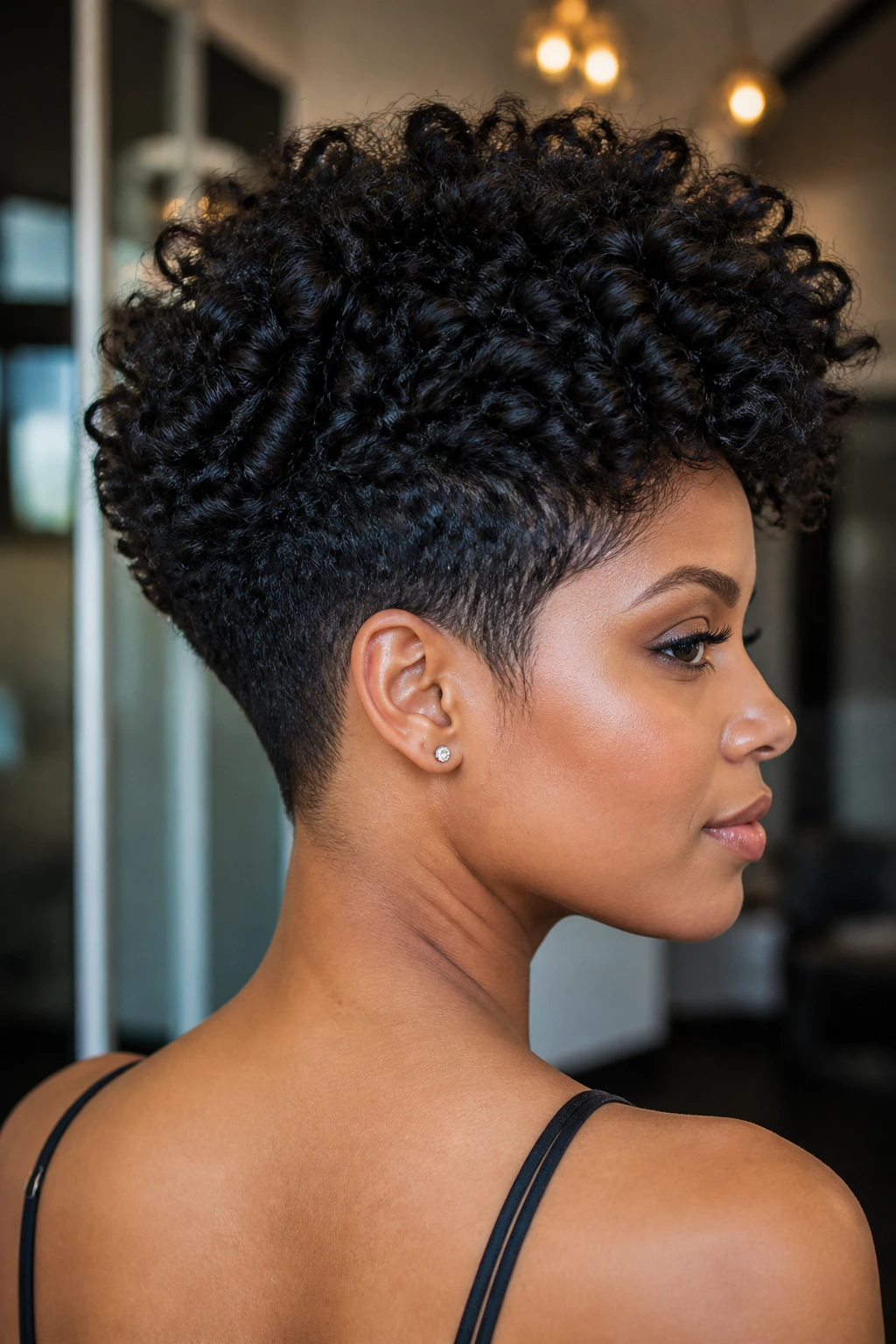 Portrait of a person with tapered nape and crown volume in urban interior