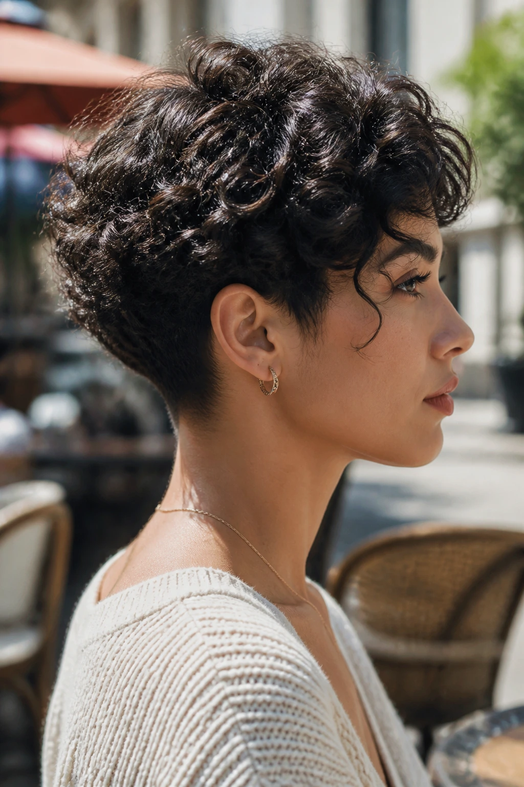 Side profile of a real woman showing a tapered nape and top curls.