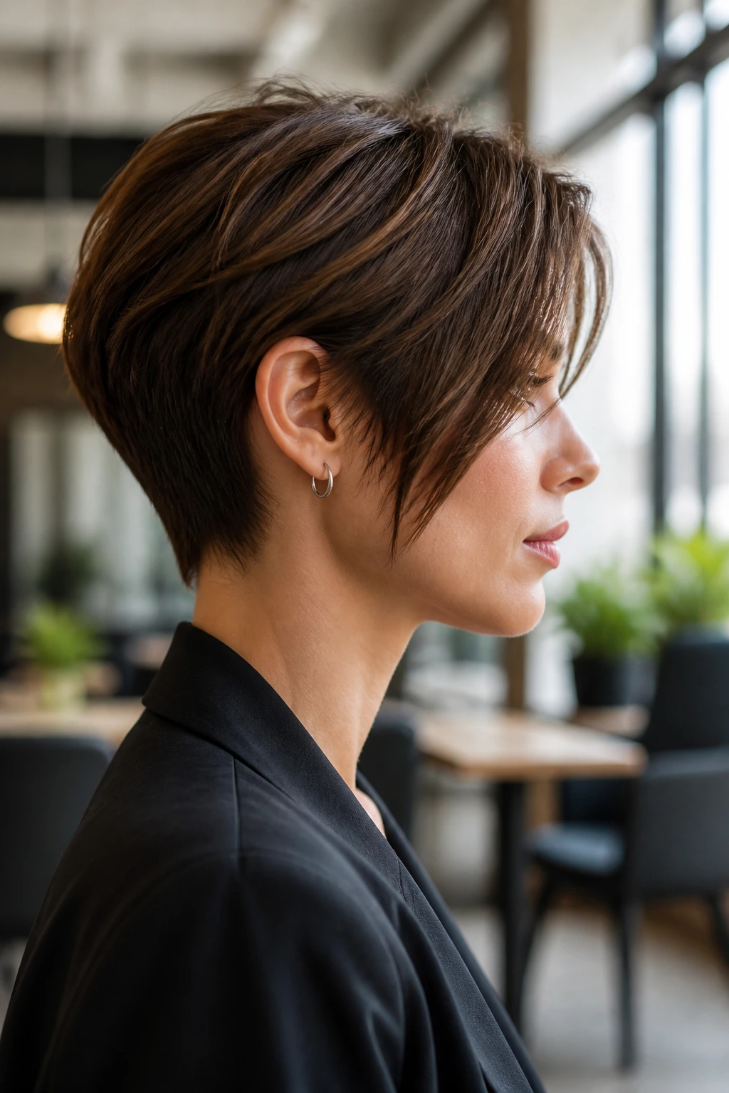 Real woman with tapered nape stack and long crown in a chic office setting.