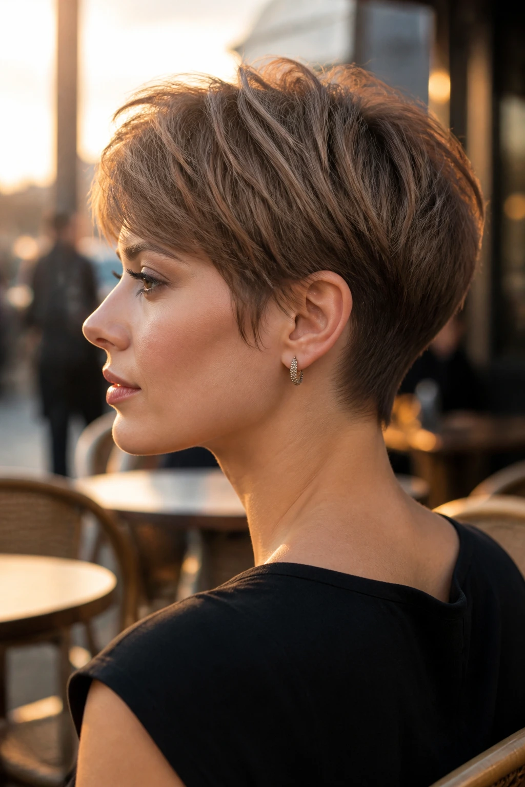 Side-profile close-up of a real woman with a tapered nape pixie on a sunlit cafe terrace
