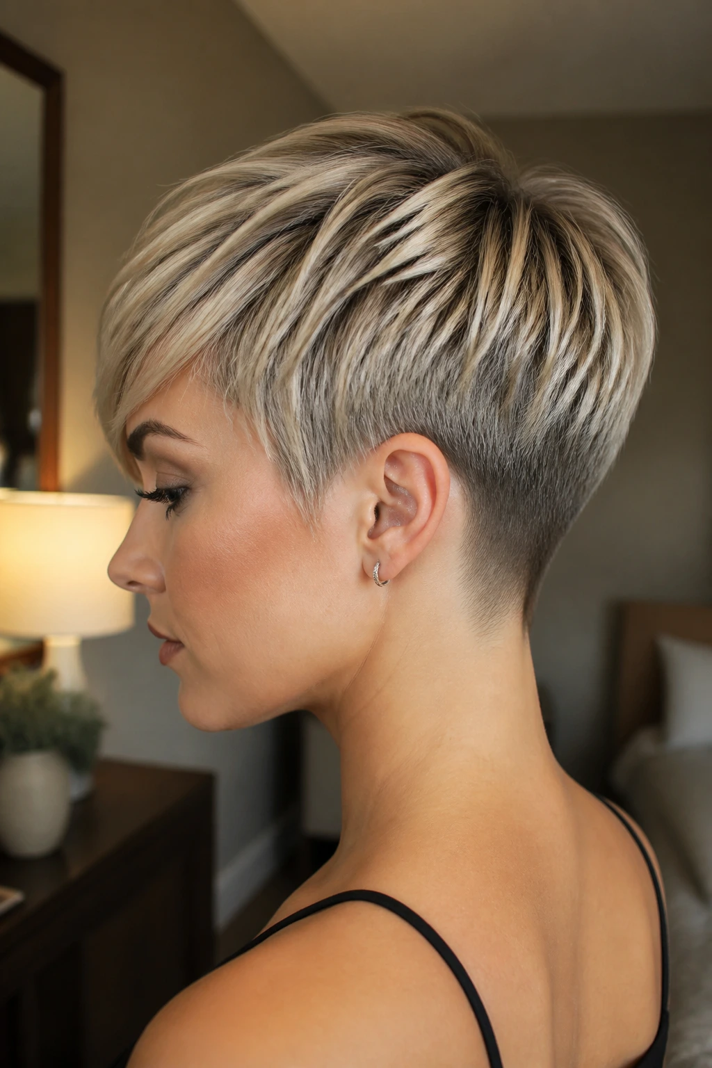 Real woman with tapered nape pixie showing sleek neck line