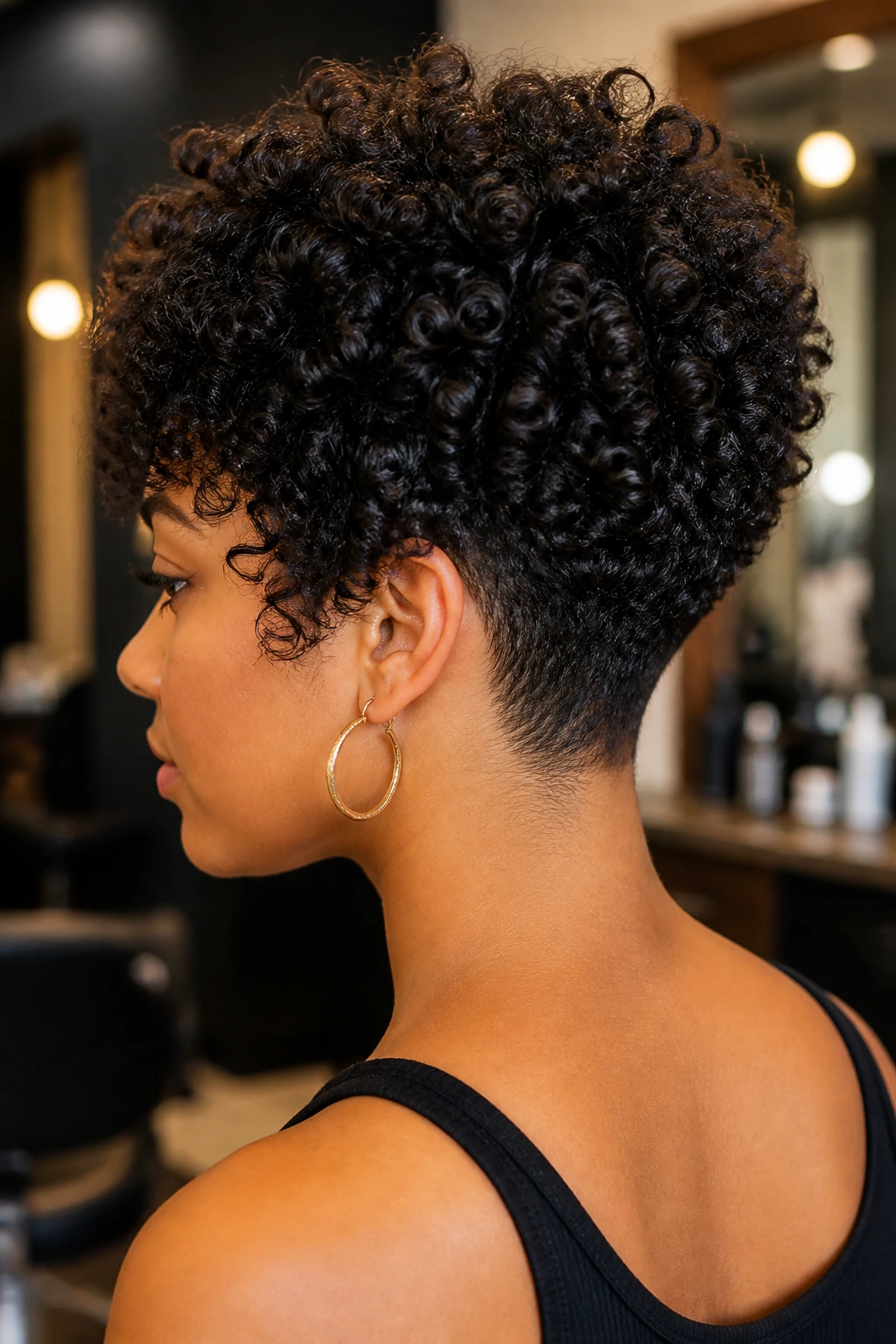 Close-up of a real woman with tight ringlets and a tapered nape.