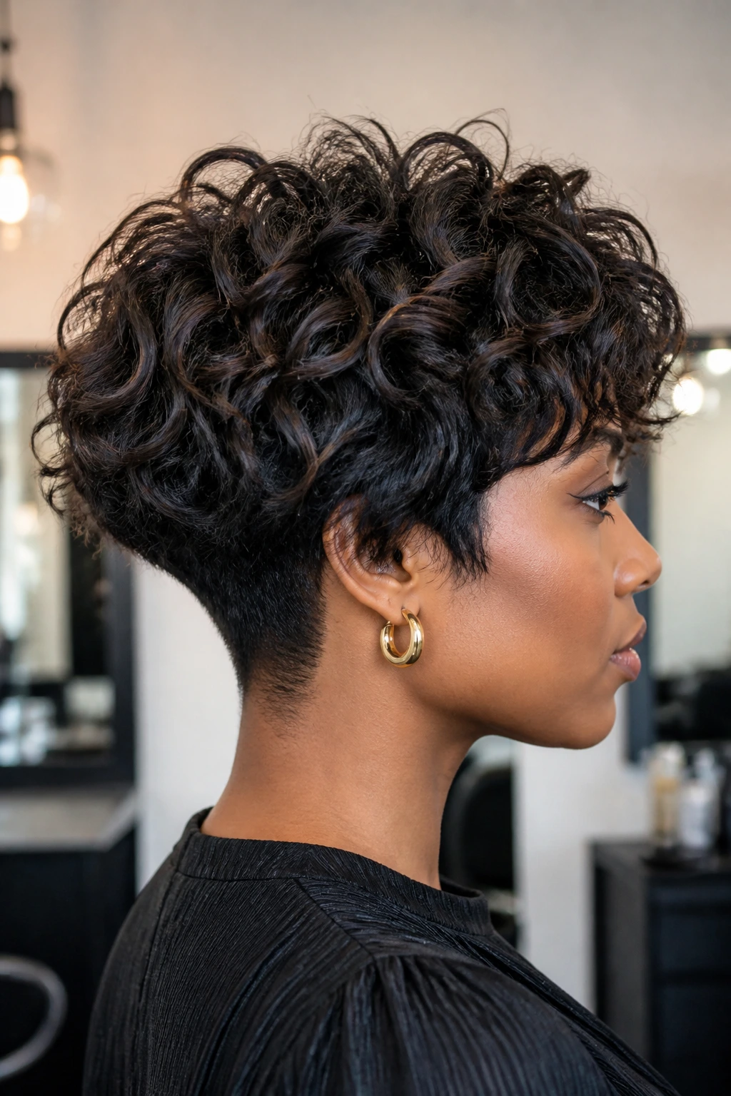 Side-profile portrait of a real person with tapered nape shag in a modern salon