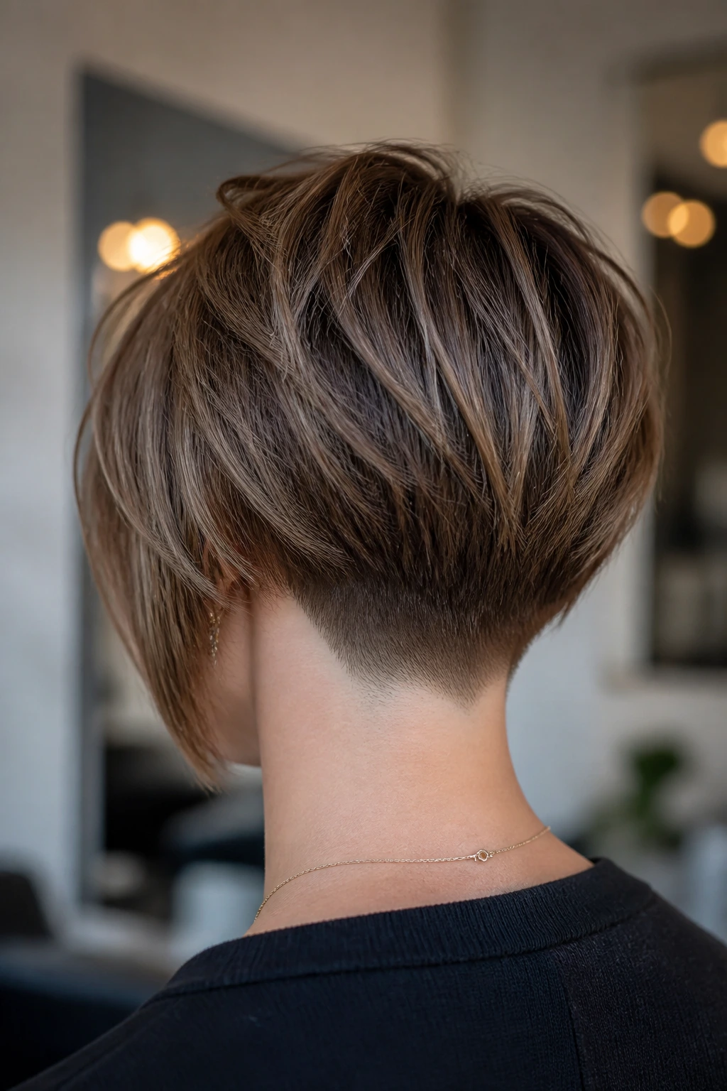 Back view of real woman’s head with tapered nape textured bob in a modern salon
