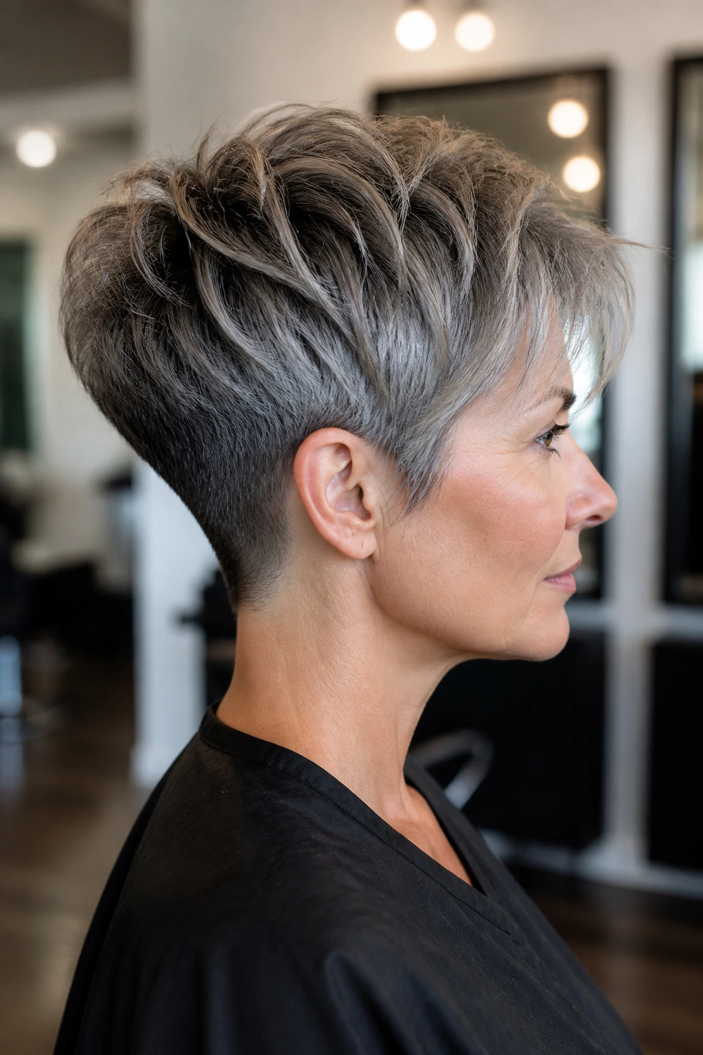 Side profile of a real person with a tapered-nape volumetric wedge hairstyle