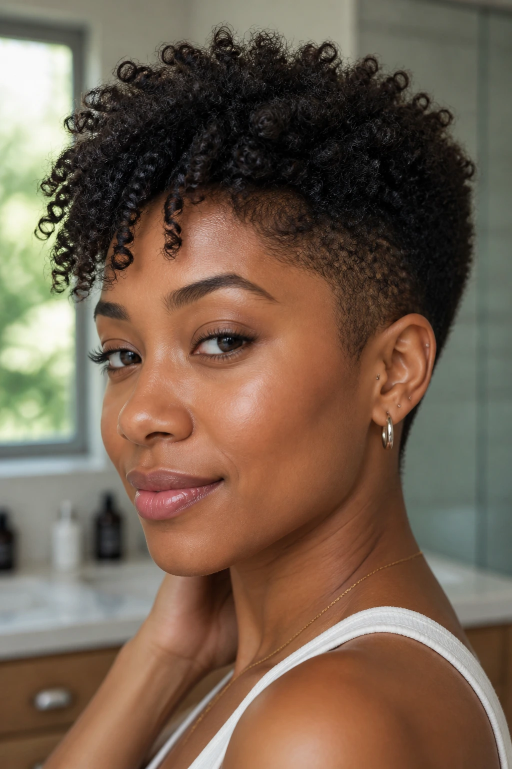 Close-up of a real person with tapered natural curls under bright bathroom light