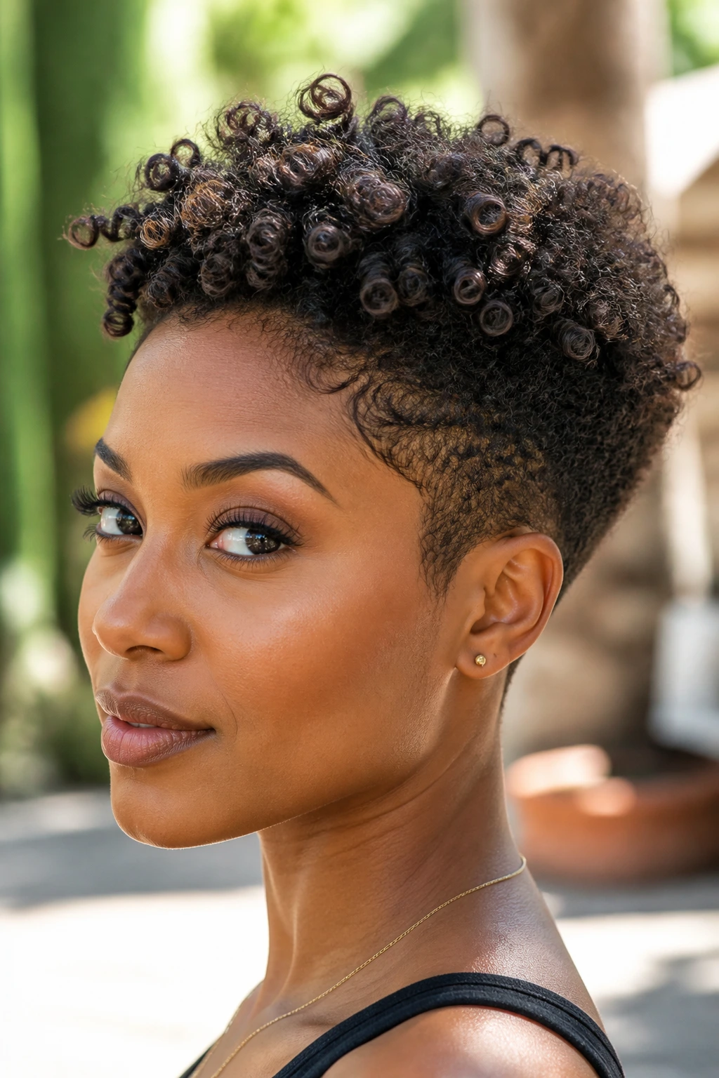 Close-up of a person with a tapered pixie and coily curls