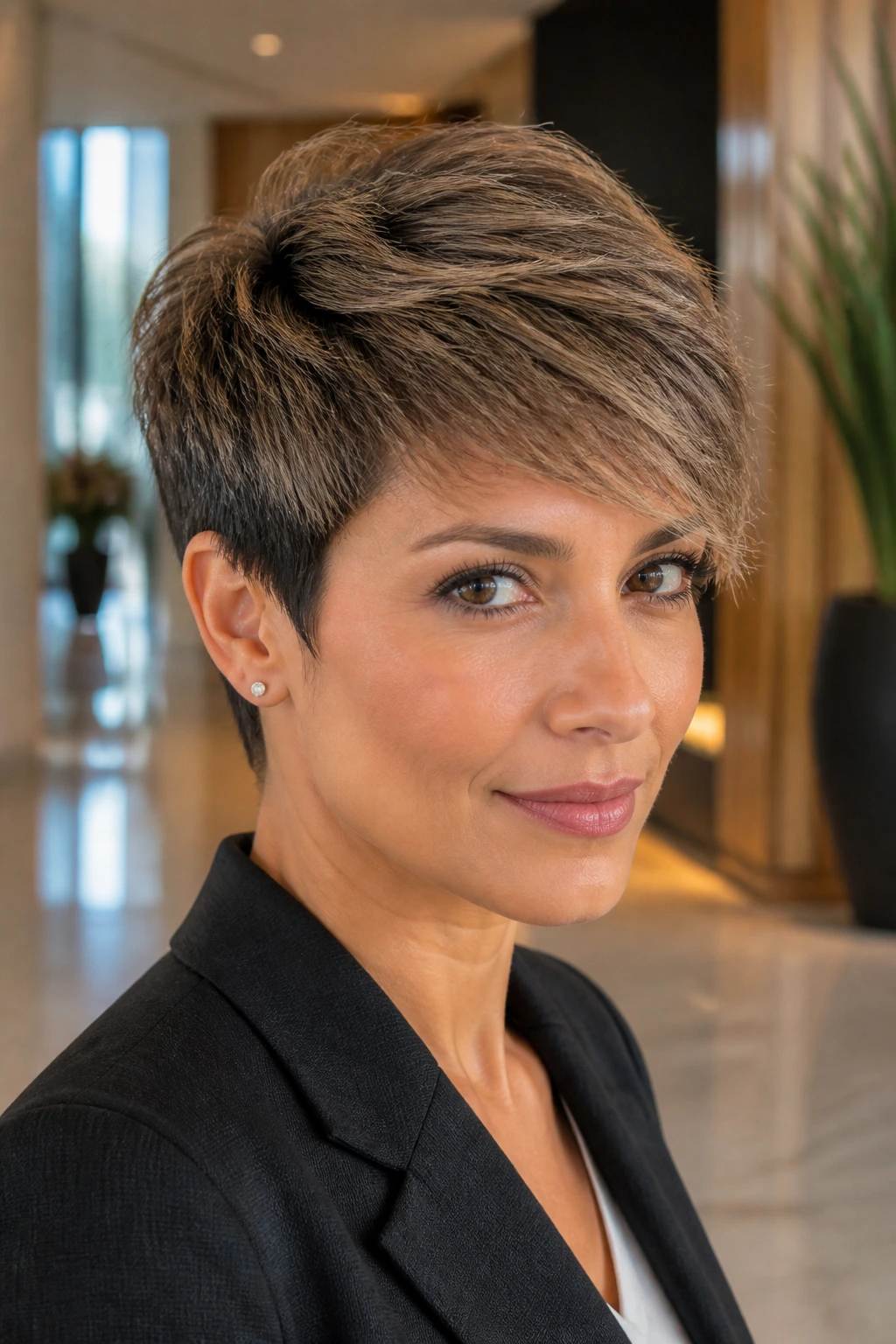 Close-up of a woman with a tapered pixie and feathered forward-swept layers in an office lobby