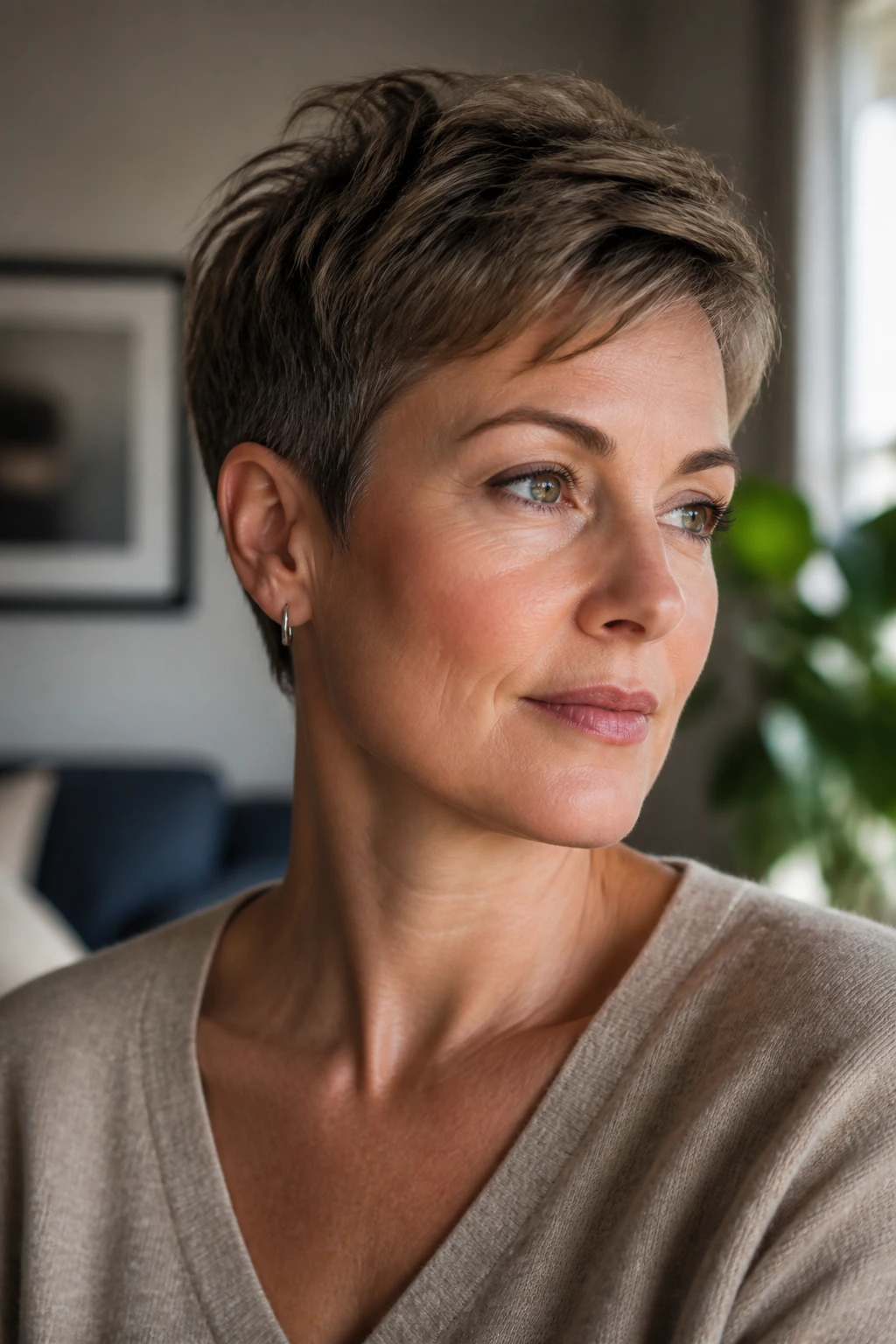 Close-up portrait of a real woman with a tapered pixie haircut