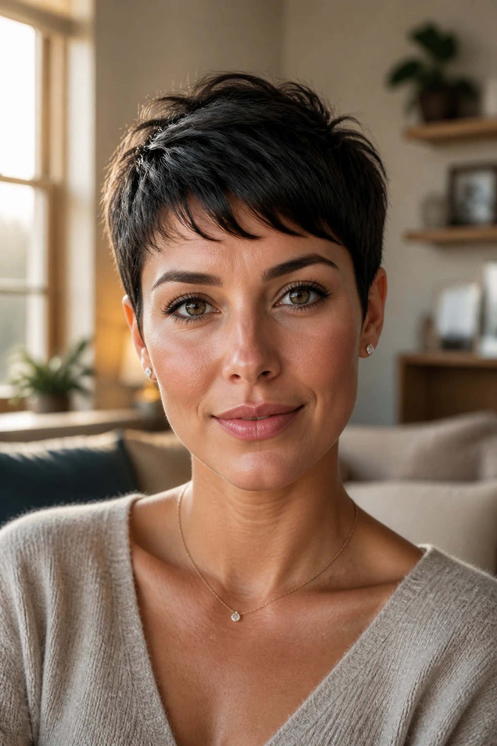 Close-up portrait of a real woman with a classic tapered pixie haircut emphasizing eyes and cheekbones.