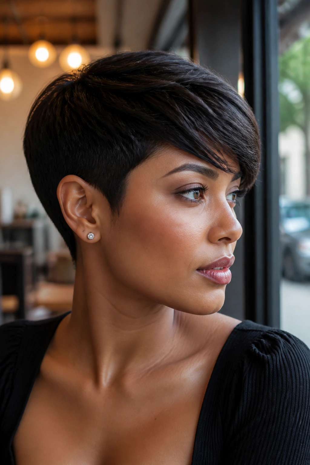 Close-up of a woman with a tapered pixie cut and diagonal side bangs