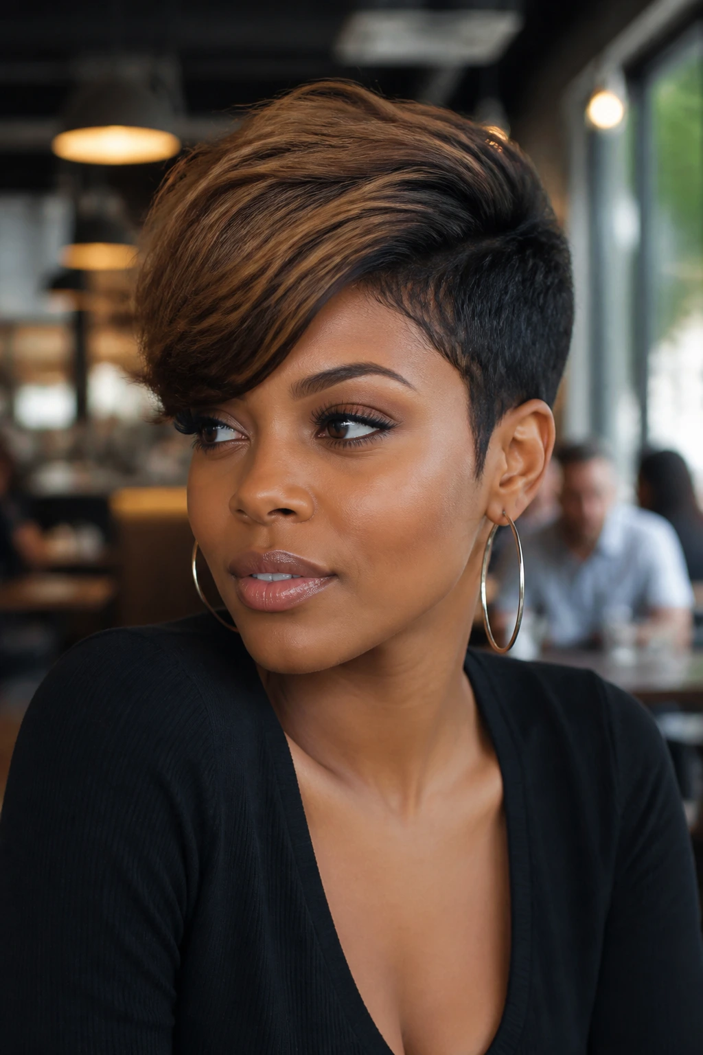 Real woman with tapered pixie cut and side-swept bangs