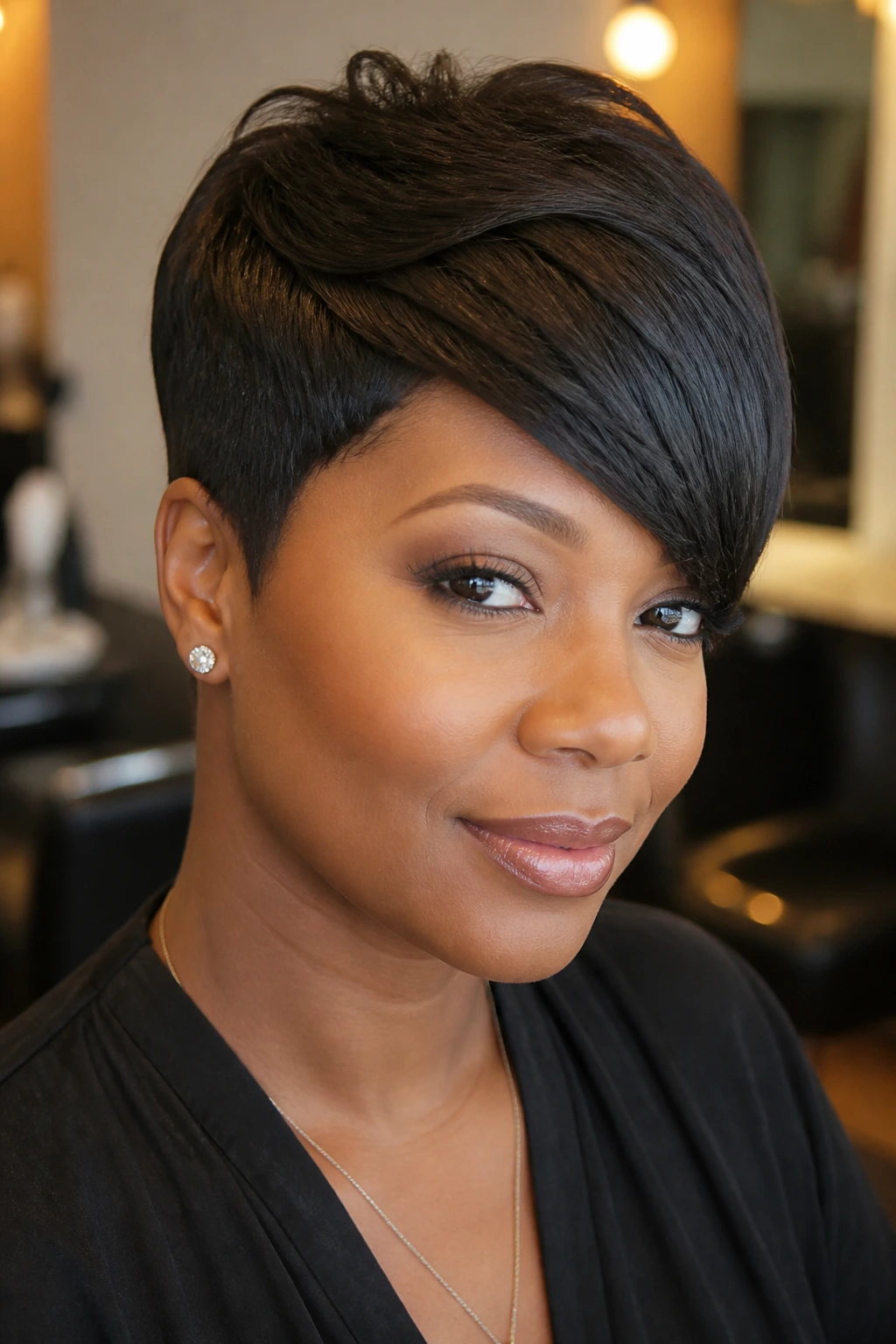 Close-up portrait of a real woman with a tapered pixie and swept fringe in warm salon light