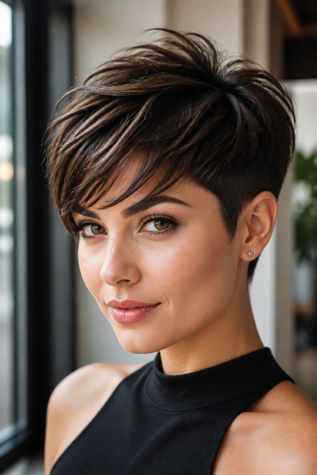 Portrait of woman with tapered pixie and textured crown