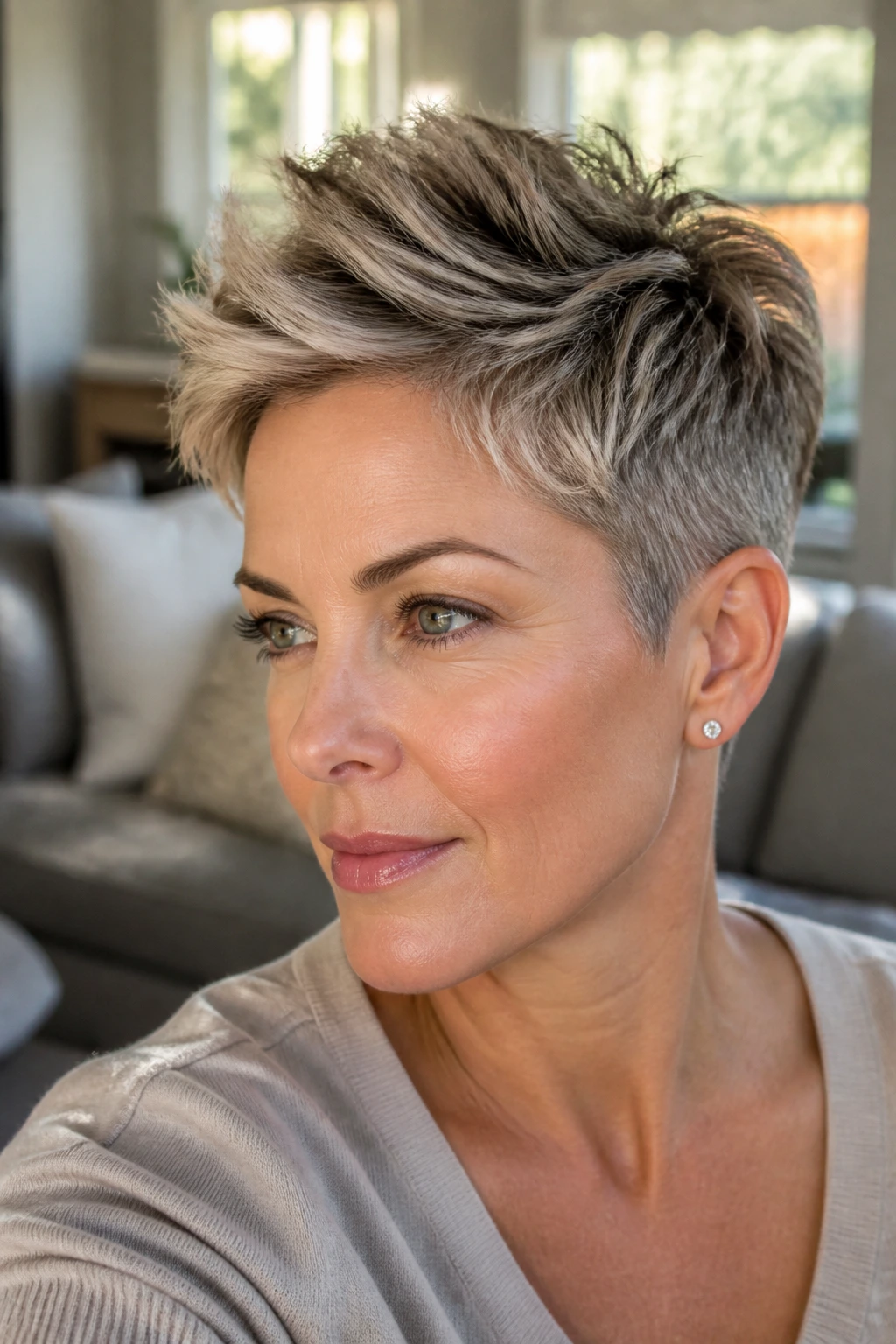 Close-up of real mother wearing a tapered pixie with volumizing crown layers