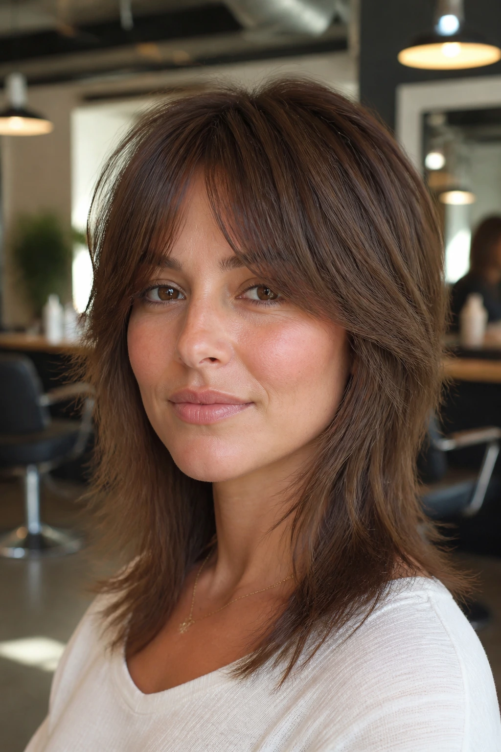 Close-up of real woman with tapered lived-in shag and crown volume.