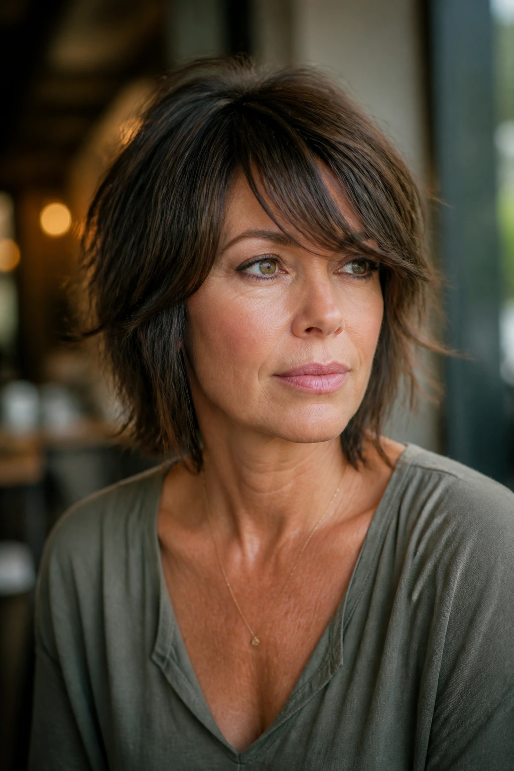 Close-up of a real woman with a tapered shag and long side bangs