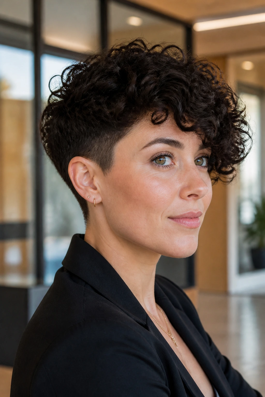 Real woman with curly inverted bob and tapered sides in an office lobby lighting