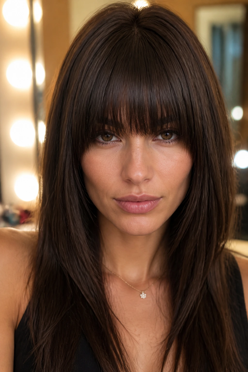 Close-up of a real woman with tapered temple heavy bangs framing the eyes