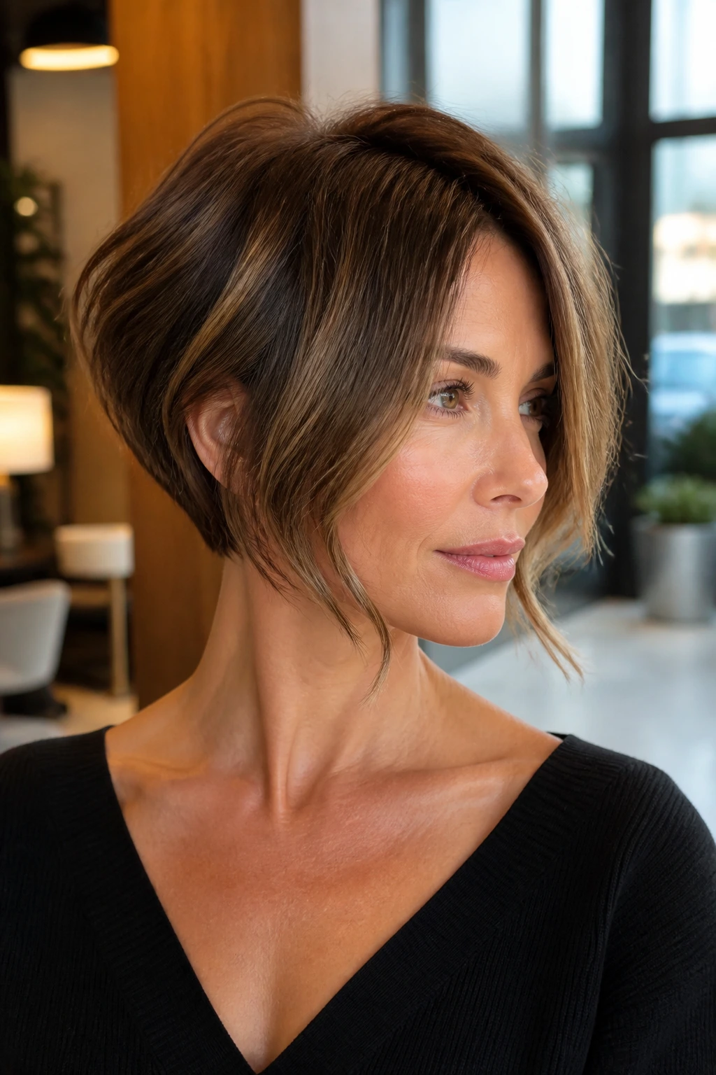 Portrait of a person with a tapered wedge cut and heavy face-framing tendrils