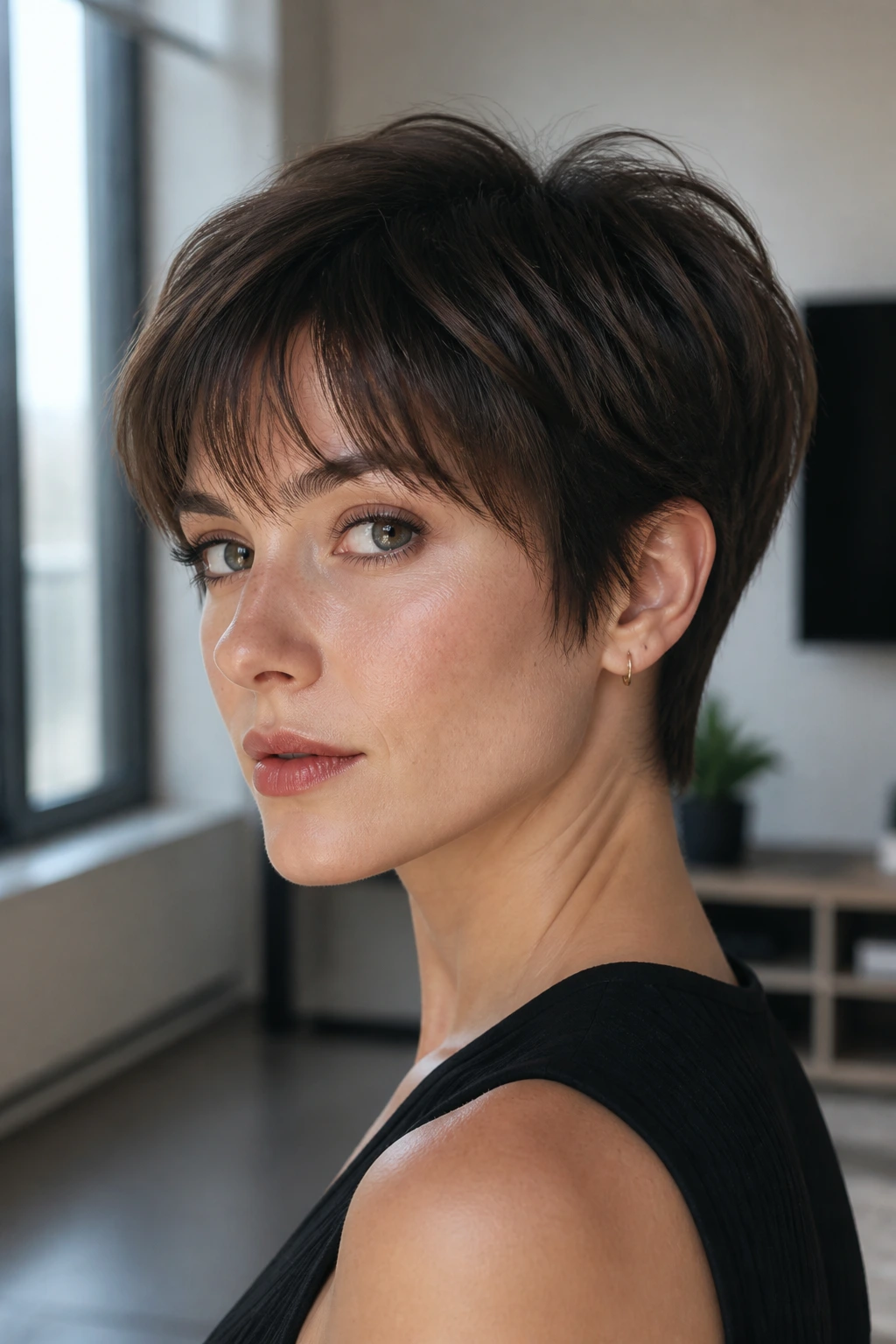 Portrait of a real woman with tapered wedge and wispy bangs in natural light.