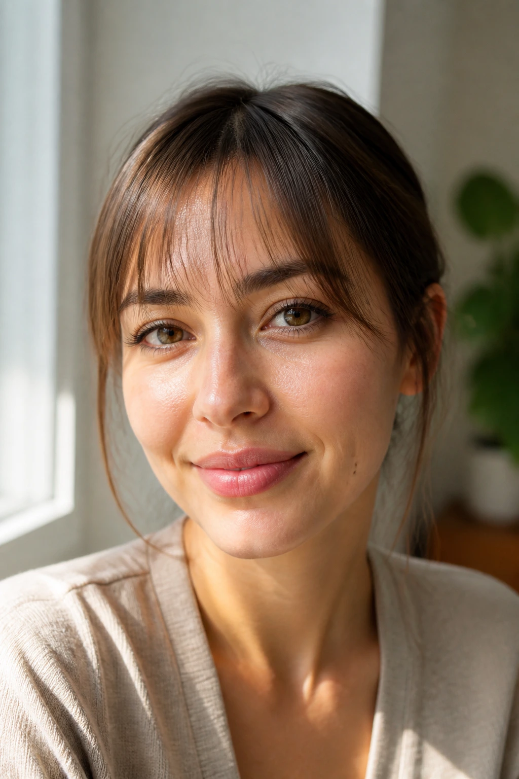 Close-up of a real woman with tapered wisps fringe forming a light outer edge