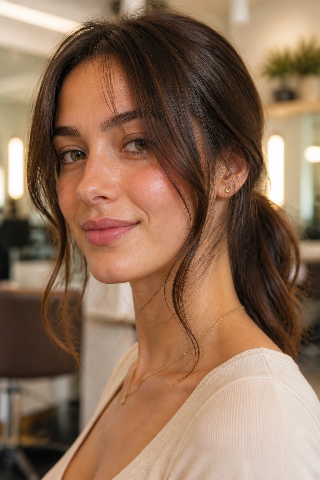 Close-up of a real person with tapered wisps and face-framing tendrils around the jaw