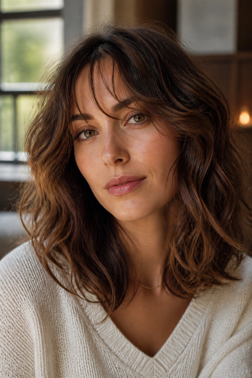 Close-up of a real person with tapered wisps on wavy medium hair