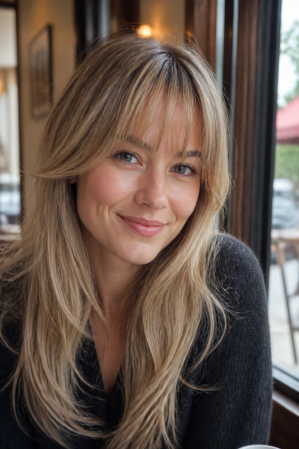 Portrait of a woman with tapered wispy bangs in cafe window light