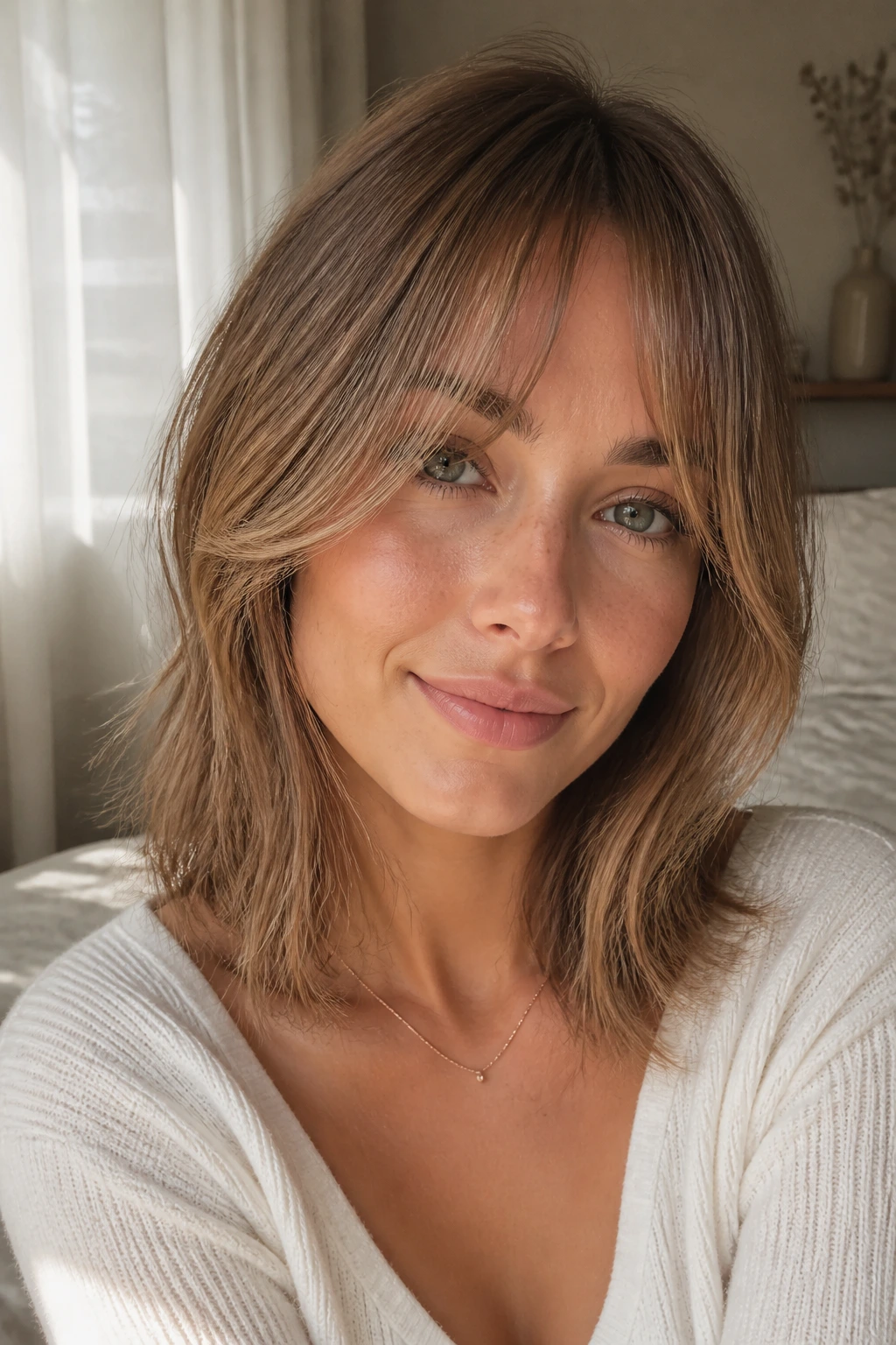 Close-up of a real woman with tapered wispy curtain bangs in soft window light