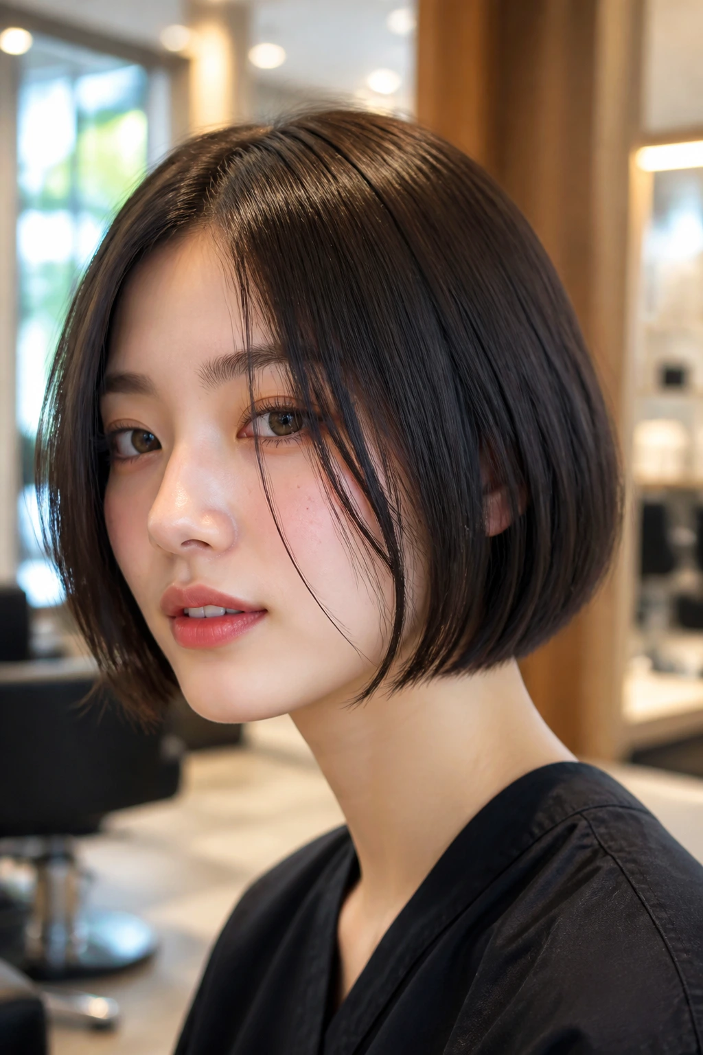 Close-up of a real woman with The Tassel Cut with Softly Textured Ends at the jawline in a warm salon.
