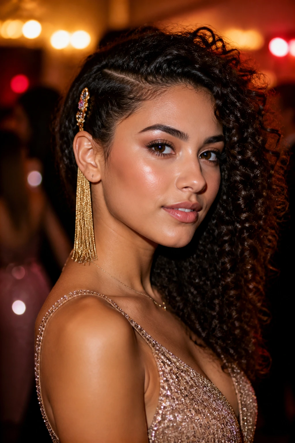 Close-up of tassel drops hair clip in curly hair on prom night