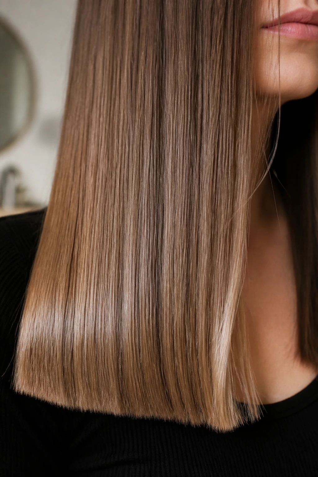 Close-up of long straight hair with blunt, shiny ends on a real person