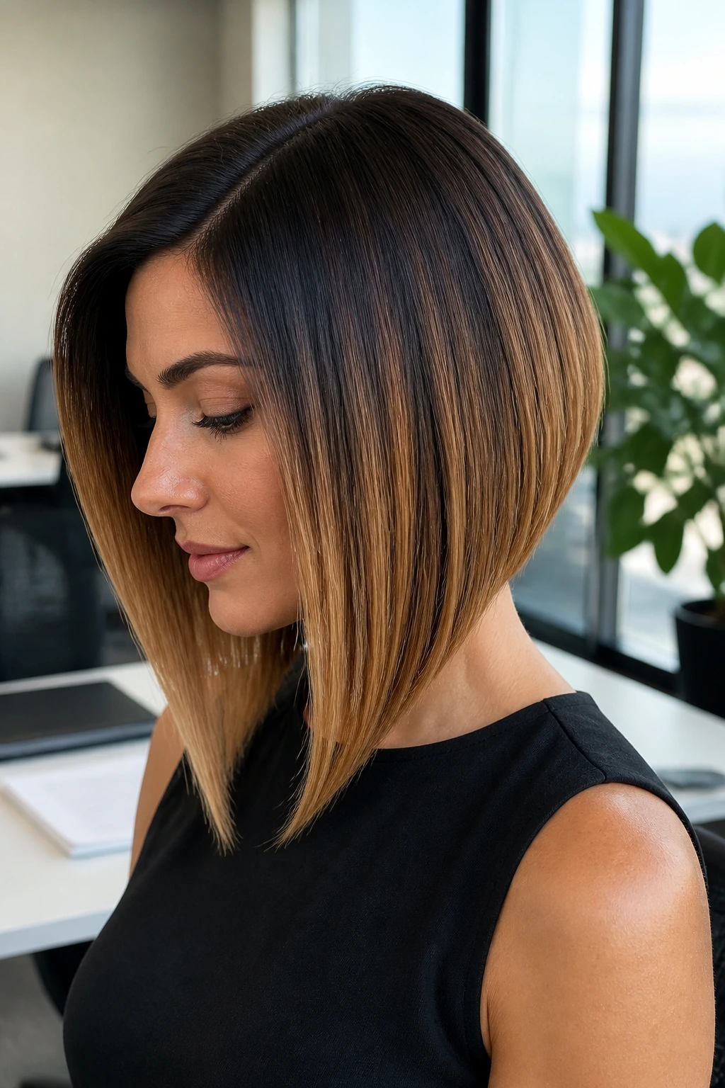 Close-up of a woman with tawny caramel melt on an angled A-line bob in an office
