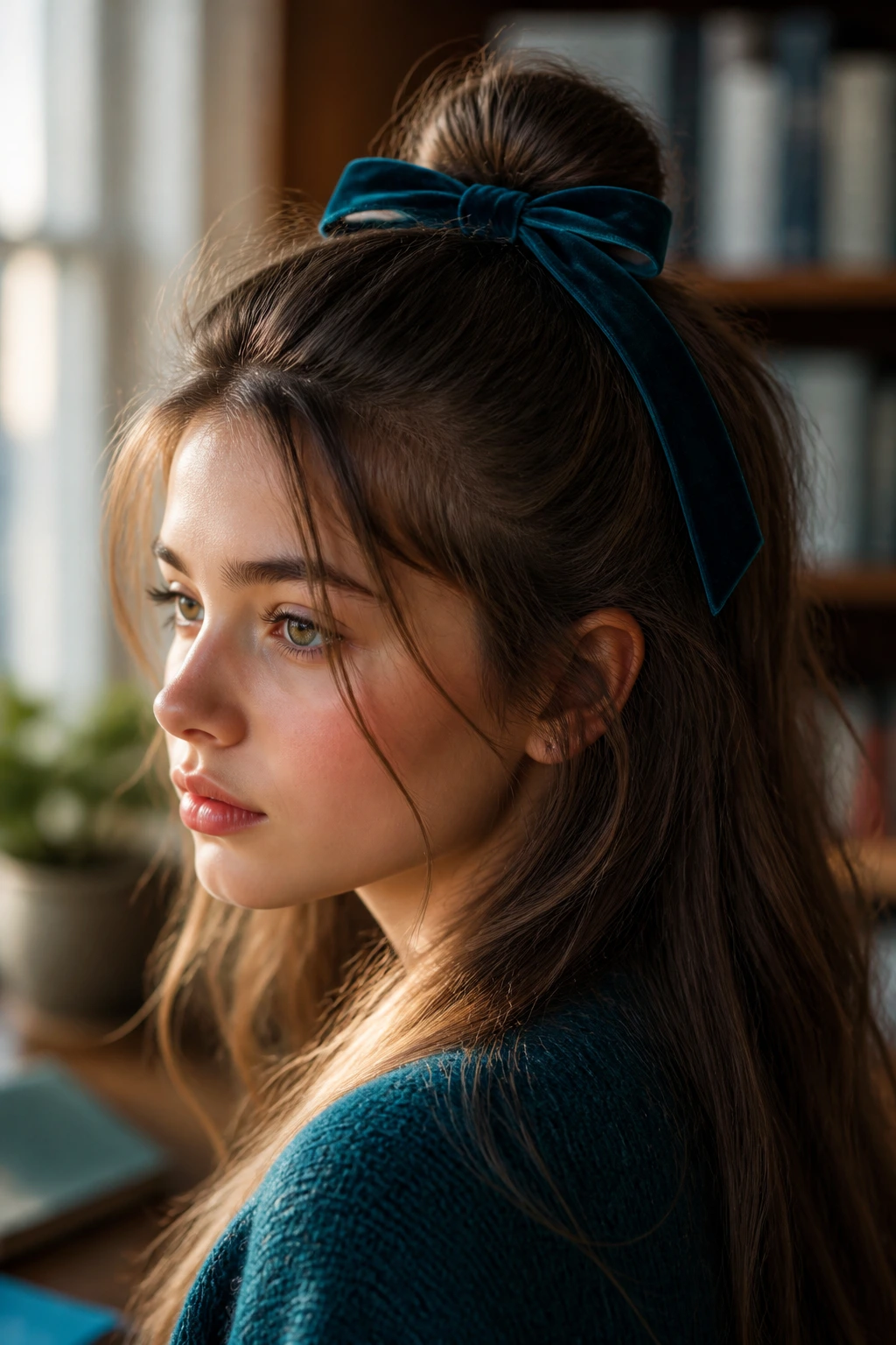 Close-up of real person with teal ribbon top knot