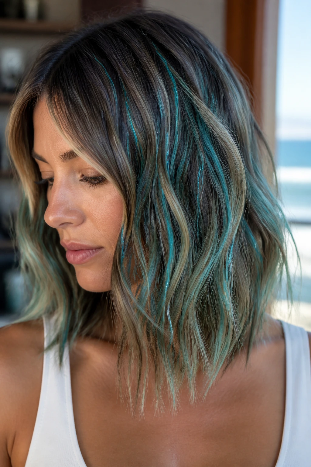 Close-up of teal tinsel in a textured lob hairstyle on a real woman