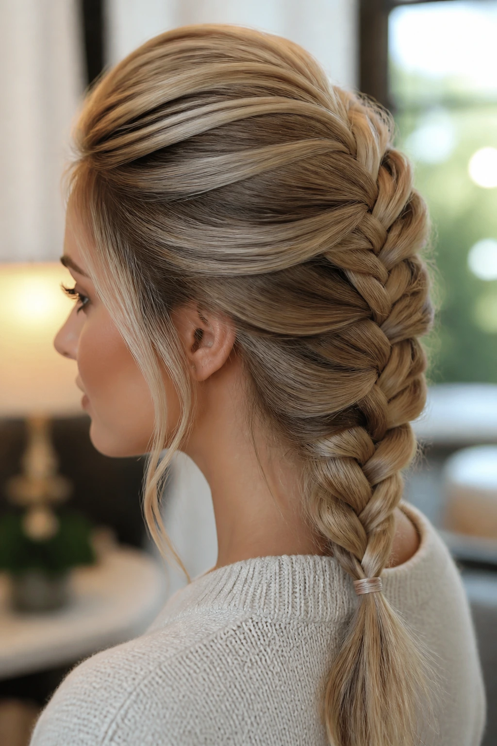 Close-up portrait of a real woman with a high-volume banana braid over a teased crown.